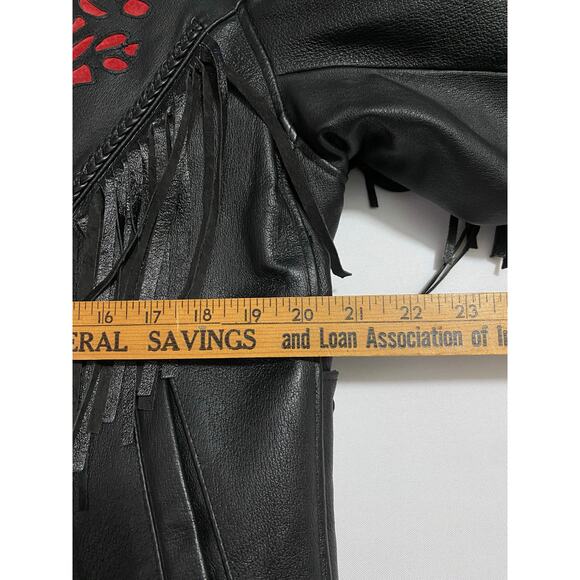 NWOT Women’s Black Fringe Leather Motorcycle Jacket Size Large Rose Inserts - Picture 5 of 15